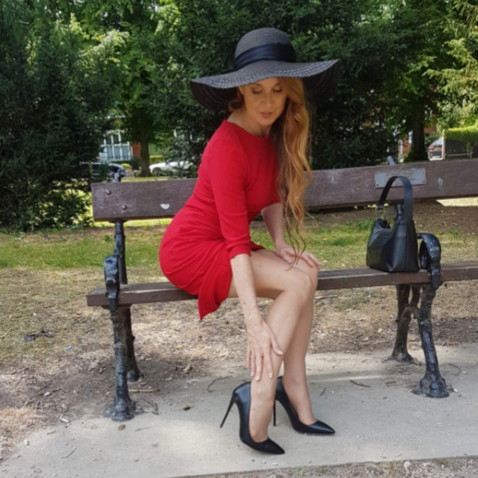 Heels, & hosiery outdoors with Sharon